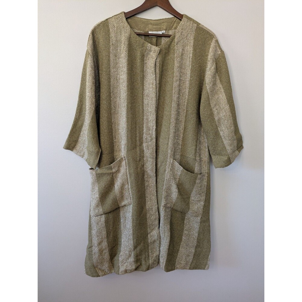 Masai Womens Cardigan M Oversized Long Lagenlook Artsy Boho Olive Green Metallic